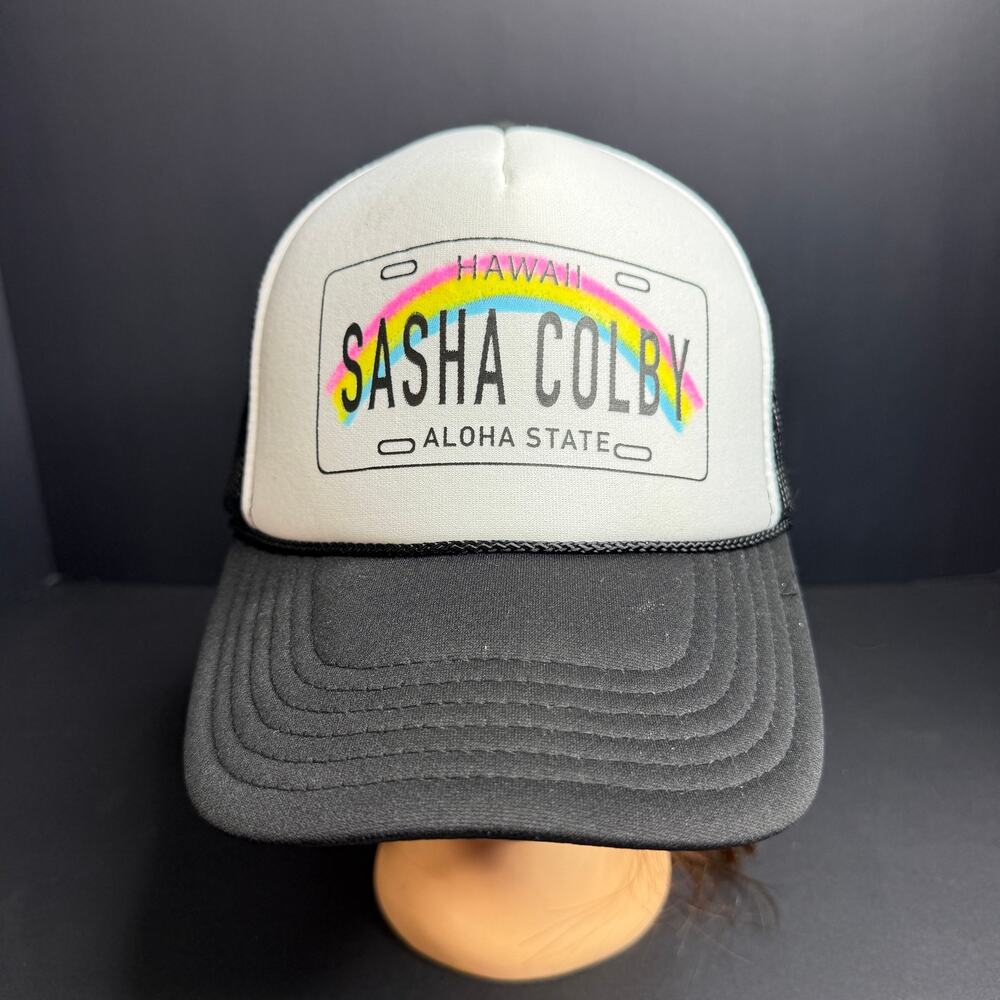 Sasha Colby Hawaii License Plate Trucker Hat White Black Rainbow Drag Race Cap
